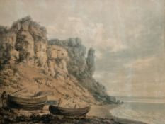 Manner of Thomas Monro (1759-1833) Watercolour Figure beside boats in a rocky coastal landscape