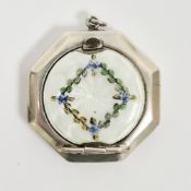 Edwardian silver compact of octagonal form, the hinged cover with enamel decoration, 4.5cm wide