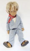 Vintage Sasha doll Fair Blue Suit with light blonde hair, pale denim trouser suit, red neckerchief