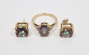 9ct gold ring and earring suite, the ring set with an oval purple green iridescent stones,