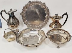 Collection of silver plated items including pair of coffee pots. Belnin plate serving tray, swing