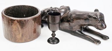 Lignum vitae carved model of a big cat with two cubs on its back, possibly a lion or leopard, 51cm