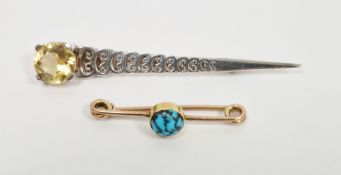 Gold-coloured metal and turquoise bar brooch and silver-coloured metal and citrine-coloured stone