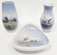 Lot Withdrawn- Two Copenhagen porcelain vases and a shaped dish, printed blue and green factory