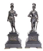 Pair of late 19th / early 20th bronze figures in the form of knights, each mounted on a stepped