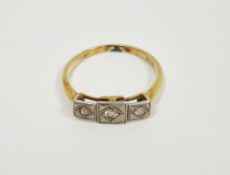 Art Deco 18ct gold, platinum and diamond ring, with triple square setting, stamped 18CT, 2.26