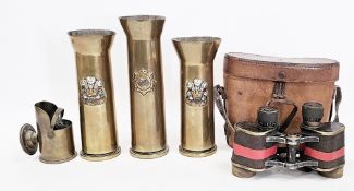 Three trench art brass shell vases, each with flared rims, two with ' The Welsh regiment ' applied