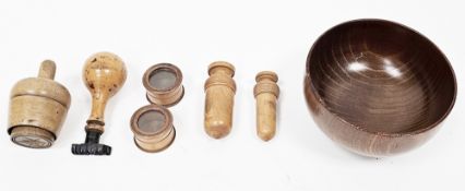 Collection of treen and boxwood items including two methanol sticker holders in the form of