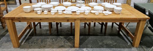 Large reclaimed pine dining table, the rectangular top on six substantial square legs, each pair