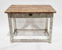 French-style rustic pine side table, the distressed pine rectangular top over a distressed painted