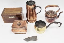 Collection of 19th century items including copper single tea caddy, 13cm wide, mahogany inlaid tea