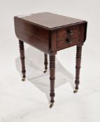 19th century mahogany drop-flap work table with two cockbeaded drawers to end with knob handles