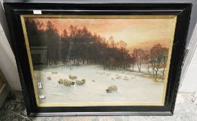 Ebonised framed and glazed pair of L Farquharson winter scene prints of sheep in fields, 49cm x