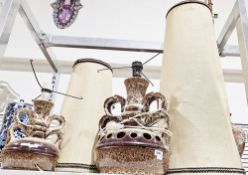 Mid-century Fosters Newlyn Pottery table lamp with a brown and white mottled glaze, double twin