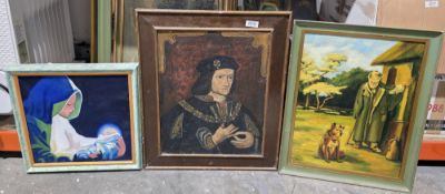 Collection of eight modern oil paintings, landscapes and studies of people, some signed 'Gosztorgi',