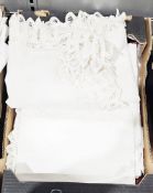 Pair of matching cut and drawn thread tablecloths/bedspreads and damask banqueting tablecloths (1