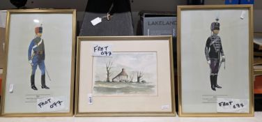 Two landscaped framed and glazed watercolours, 27cm x 33cm, a still life watercolour of flowers