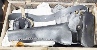 Various American Civil war reproduction army uniform, a grey greatcoat, pistol holsters, a clay