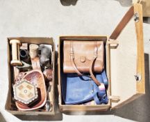 Mixed lot of collectables including a small leather suitcase, a copper kettle (spout damaged), brass