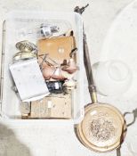 Collection of mixed items including two ceramic dogs, a cocktail shaker, a copper warming pan,