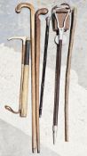 Collection of items including a hunting crop with antler handle, a shooting stick, various walking
