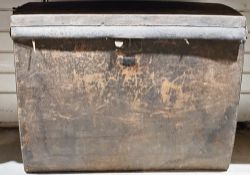 Early 20th century leather covered pine trunk, possibly a motor car trunk of curved form, 67cm