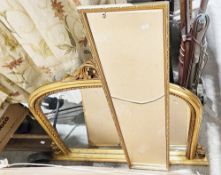 Modern gilt-framed domed overmantel mirror, 94cm high x 128cm wide, another gilt-framed mirror and