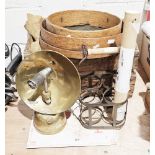 Early 20th century wooden crate containing hessian sacks, two vintage bentwood sieves, largest