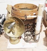 Early 20th century wooden crate containing hessian sacks, two vintage bentwood sieves, largest