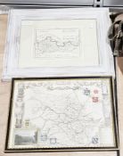 Six framed and glazed maps including a Robert Morden antique handcoloured map of Chester, 38cm x
