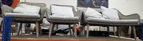 Signature weave Danielle grey patio set comprising two-seater sofa with natural cushions, two chairs