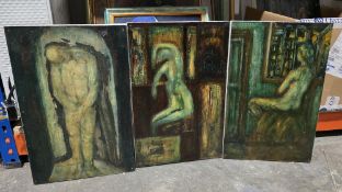 Collection of six mixed media paintings on board in an abstract expressive style, featuring naked