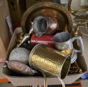 Mixed lot of collectable items including copper, pewter, a barometer, wooden items including
