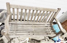 Wooden garden bench with slatted back, seat and scrolling arms, 93cm high x 157cm wide x 70cm deep