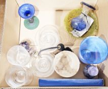 Collection of glassware including a mottled blue glass vase, a Lafiore glass vase, a spinach jade-