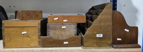 Two early 20th century mahogany stationery racks, largest 29cm high x 44cm wide, two oak