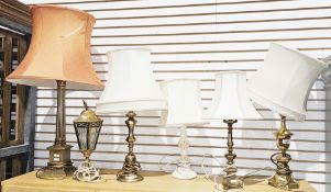 Brass corinthian column table lamp with shade, 82cm high, another brass table lamp, three brass-