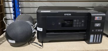 Amazon L45GRLE black smart speaker, an Amazon L45GRLE white smart speaker and an Epsom Eco Tank