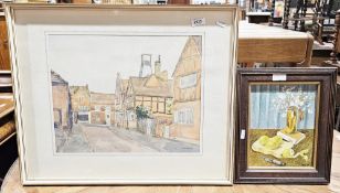 Still life oil on board, signed G M Gough, 23cm x 18cm, oak framed, two village scene