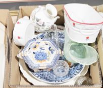 Collection of ceramics and glass including a Murano-type green glass bowl with interwoven cane