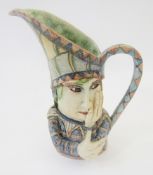 Amanda Popham, earthenware jug, head and shoulders man in hat thinking, signed and dated to