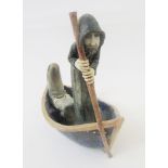 Amanda Popham, earthenware model, "Charon and the Dead Soul", with hooded figure steering a boat,