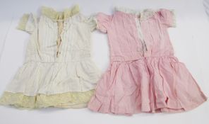 Edwardian child's dress, yellow wool with embroidered ribbon detail, a candy striped pink child's