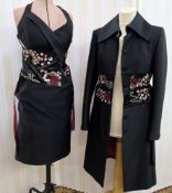 Karen Millen evening dress and matching coat, embroidered waist band on both, Chinese-style