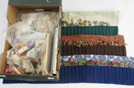 Large collection of lace bobbins and sewing and embroidery accessories (1 box)