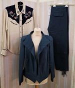 Selection of Isabel Morant costume - teal linen/cotton trouser suit, size 42, the jacket edge to
