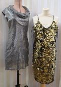 A silver sequin mini dress, designed like chainmail, with cowl neck labelled Terranova, a black
