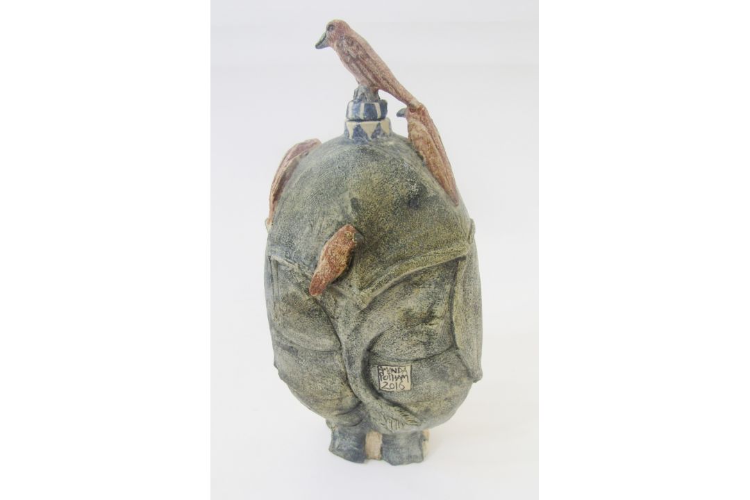 Amanda Popham, earthenware rhino vessel with bird stopper, signed and dated to reverse 2016, 30cm - Image 2 of 3