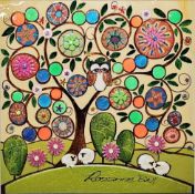 Rozanne Bell (Zimbabwean 1962)  Mixed media  Floral tree with owl and sheep, signed, 40cm square