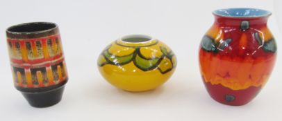 Poole Aegean cylindrical vase with tapered base, in shades of orange and brown, 14.5cm high x 9cm